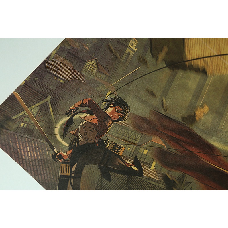 Áp phích treo tường trang trí nội thất hình attack on titan mikasa vs armored titan 50.5x35cm
