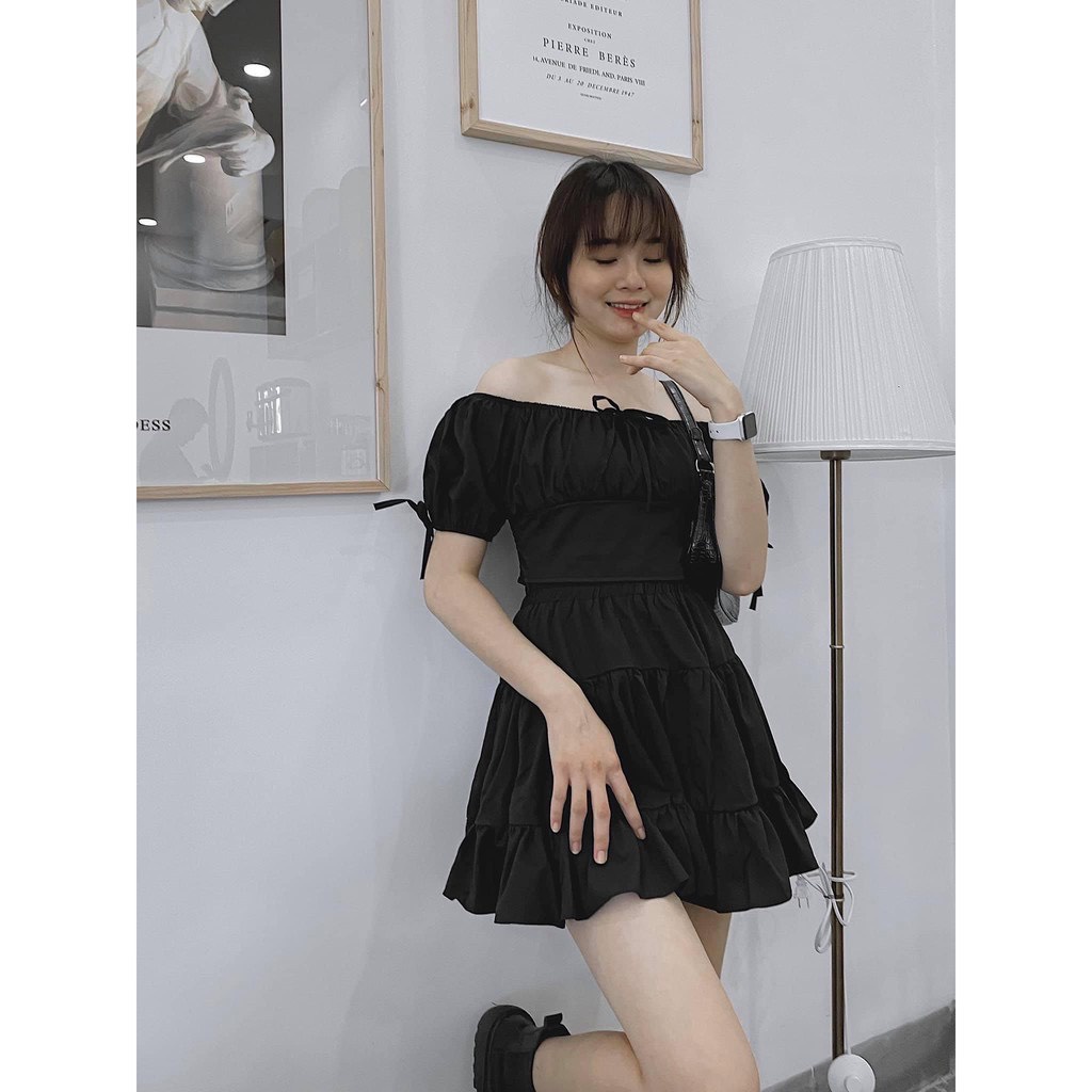 Set áo trễ vai ôm body chân váy tầng 2 màu trẻ trung cá tính/ Set áo crt tay bồng kèm chân váy xòe ulzzang_veestore