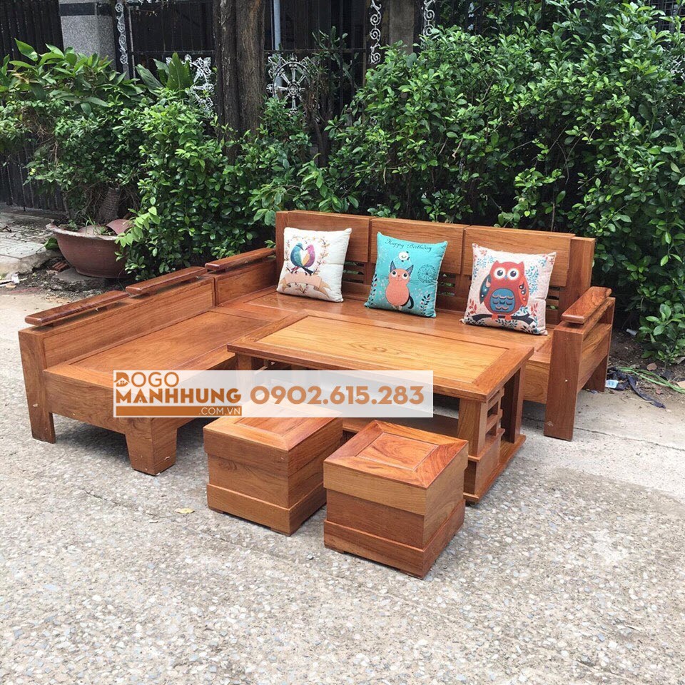 Bộ bàn ghế phòng khách, sofa góc gỗ hương 2m x 1.8m T87