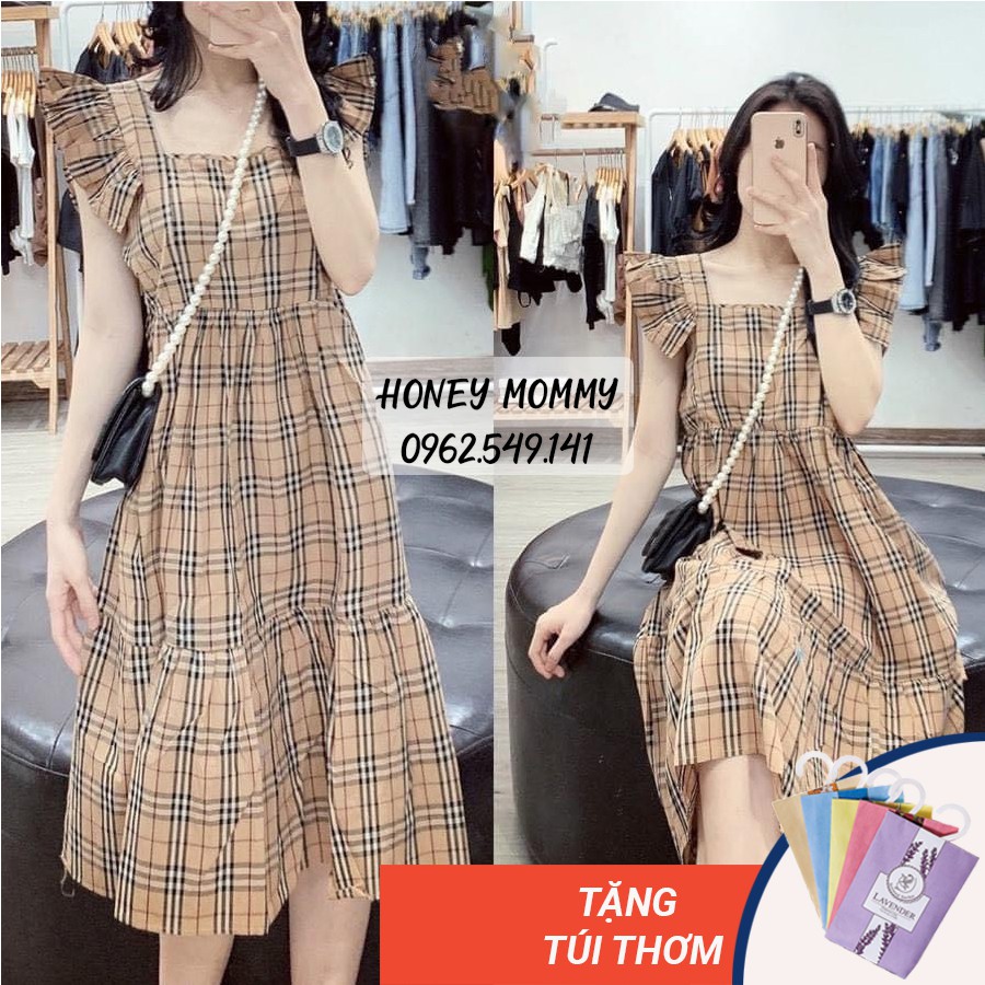 Váy Bầu Sát Nách Kẻ Caro Mùa Hè Đầm Bầu Suông Đẹp Đi Chơi Mặc Ở Nhà HD1803 Honey Mommy