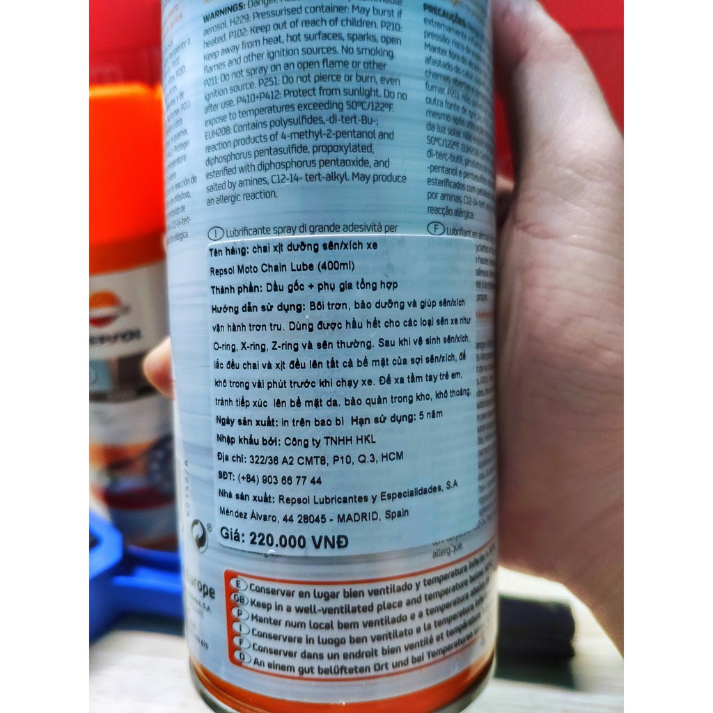 Chai Xịt Dưỡng Sên Repsol, Bôi Trơn Sên Xích Repsol Chính Hãng Hàng Tây Ban Nha 400ml