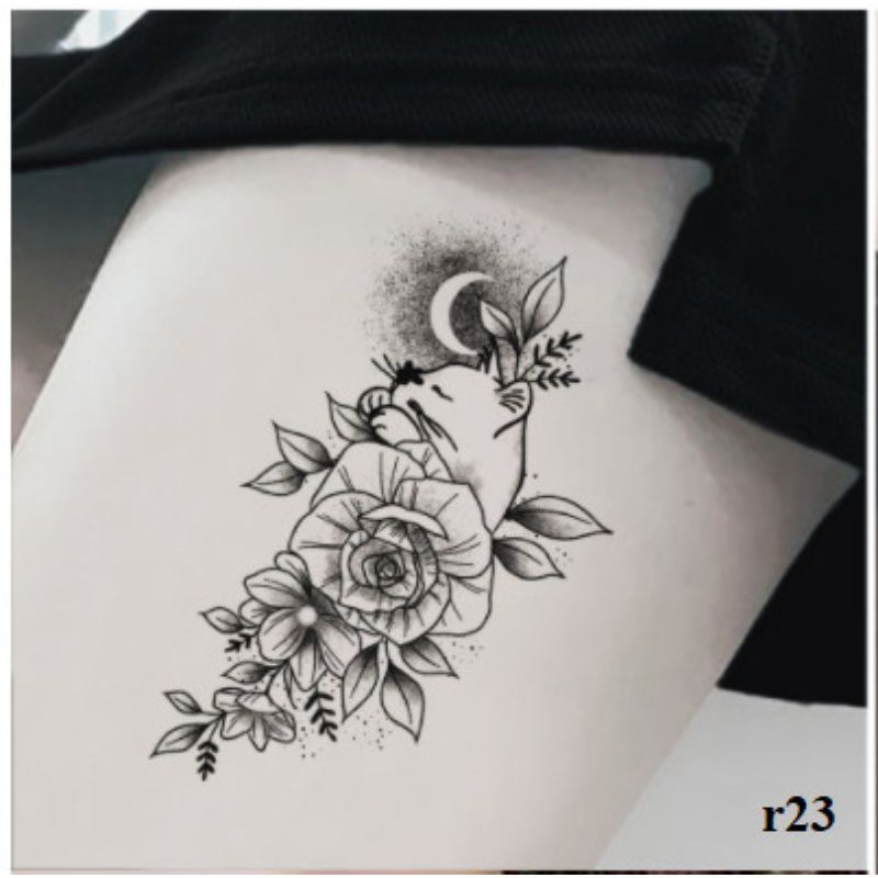 Hình xăm hoa đơn sắc + động vật r23. Tatoo dán size 10x6cm