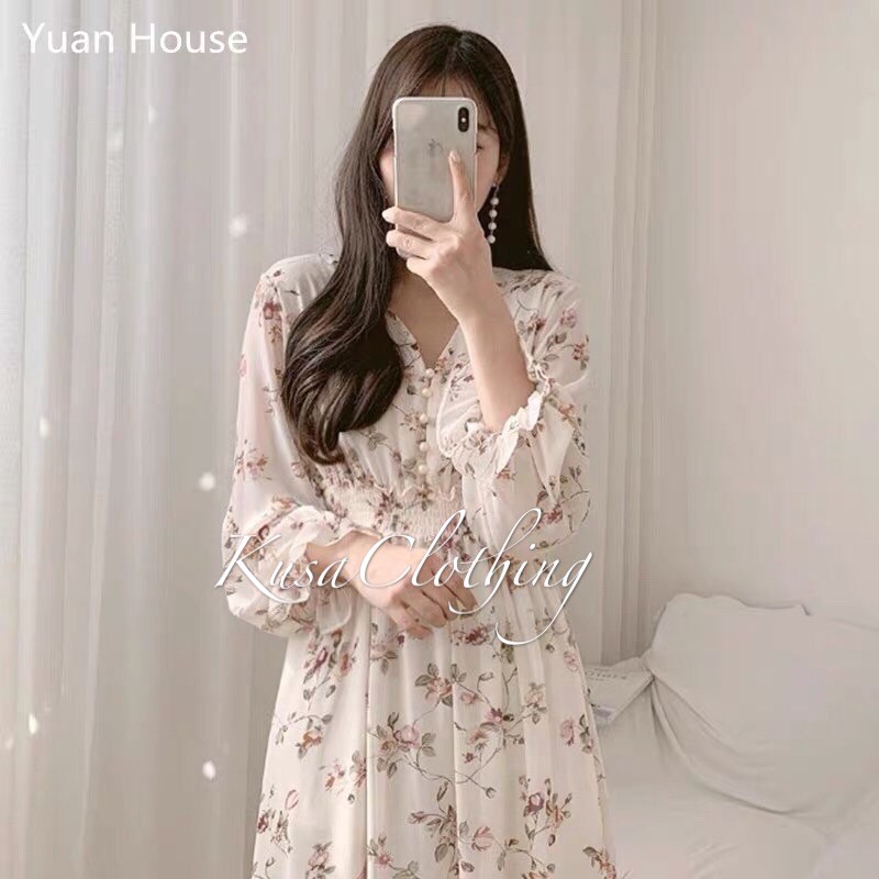 VÁY HOA VOAN TƠ CÚC NGỌC DÁNG DÀI ULZZANG ( hình thât/ sẵn)