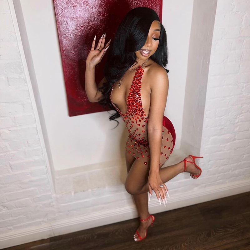 DUNEA Đầm Cổ Yếm Hở Lưng Phối Lưới Màu Sắc Tương Phản Quyến Rũ Cho Nữ