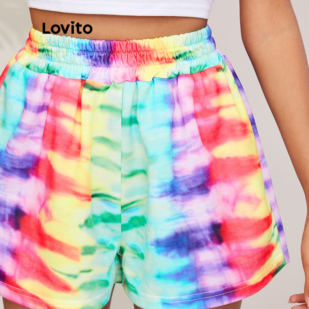 Quần short Lovito phong cách thường ngày nhuộm màu loang eo cao L27LD034 (màu xanh lam nhạt)