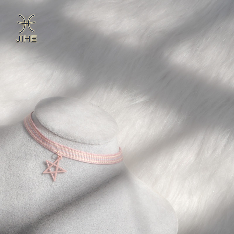 【JIHE】Vòng Cổ Choker Mặt Ngôi Sao Kẻ Sọc Màu Sắc Thời Trang
