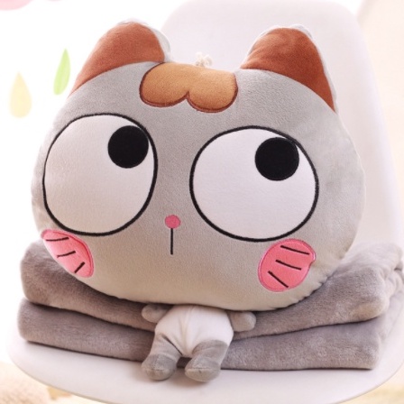 Bộ Chăn mền 3 trong 1 mèo xám mắt liếc ngạc nhiên gối 40cm chăn 1m6 chăn lông 2 mặt gối có ủ tay