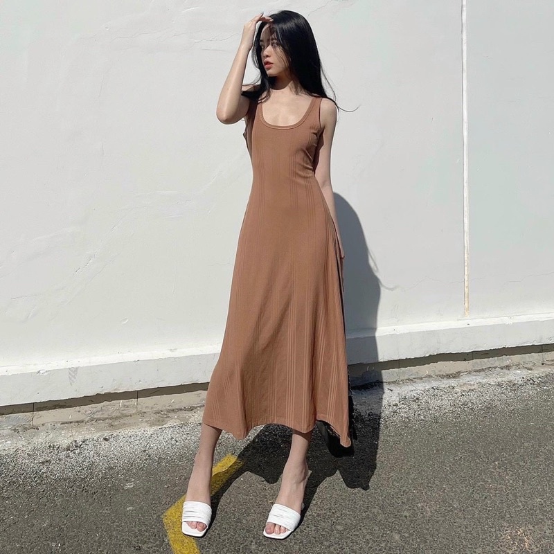 Đầm - Váy midi body nâu 2s Ba lỗ sát nách - KÈM HÌNH THẬT