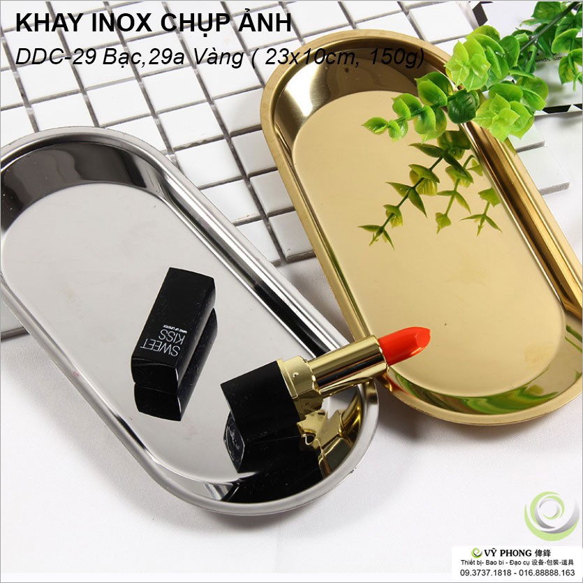 KHAY KIM LOẠI INOX BẠC,VÀNG HÌNH OVAL TRANG TRÍ TRƯNG BÀY CHỤP ẢNH SẢN PHẨM  DDC-29,30