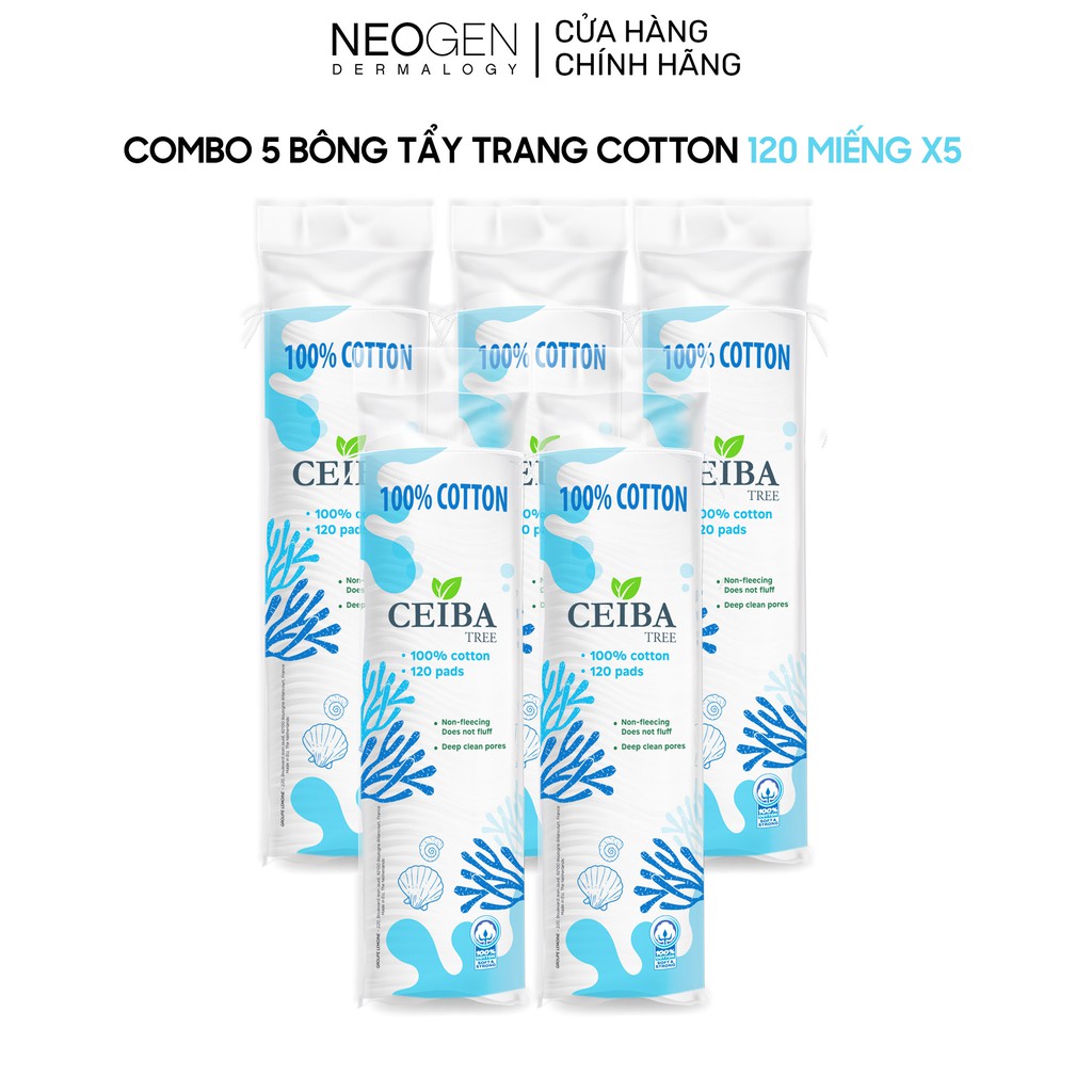 Bộ 5 Bông Tẩy Trang Ceiba 100% Cotton Siêu Tiết Kiệm Dung Dịch 120 Miếng