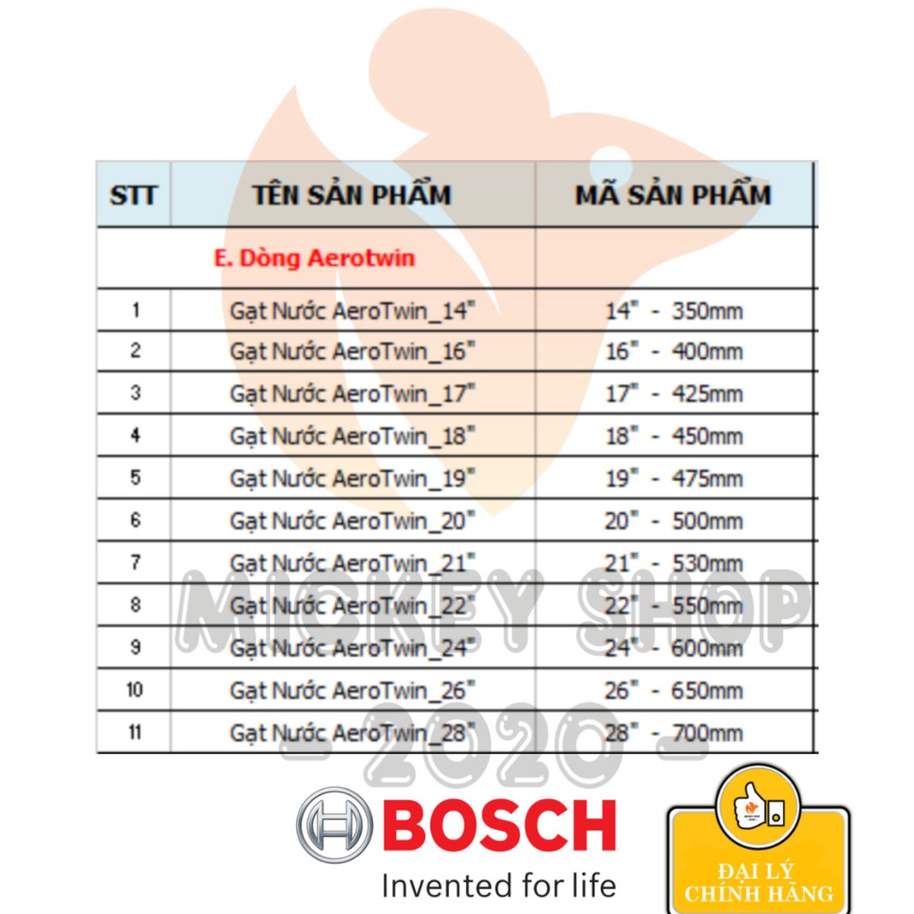 [ CHÍNH HÃNG ] Gạt mưa, cần gạt nước cao cấp Bosch AeroTwin - Nhiều kích cở