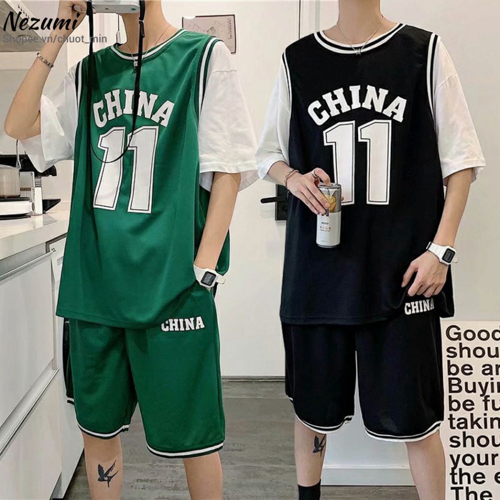 (Sẵn đen, trắng, xanh đủ size) Bộ quần áo thể thao bóng rổ China 11 unisex nam nữ