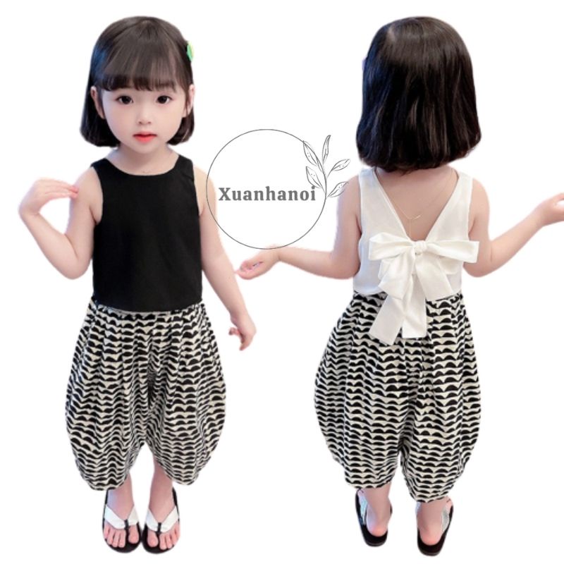 Bộ bé gái 1 dây nơ lưng quần thổ cẩm bom gấu XHN905