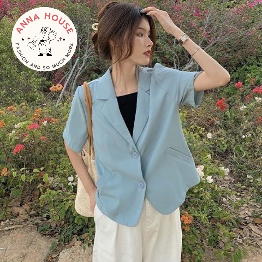Áo Blazer nữ tay ngắn cổ vest dáng croptop, áo Blazer croptop dáng ngắn form rộng 1 lớp cộc tay trơn nhiều màu