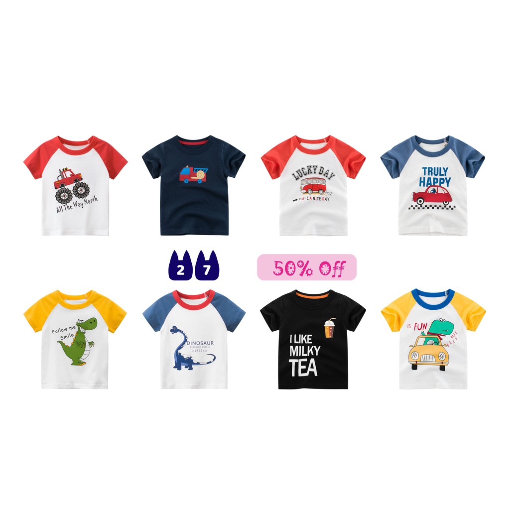 Áo thun bé trai cộc tay cổ tròn 27Kids In họa tiết đáng yêu, ngộ nghĩnh, 100% cotton thoáng mát, hàng xuất Âu Mỹ