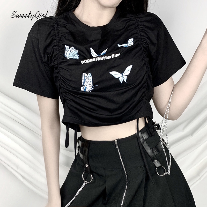 SweetyGirl Women Fashion Butterfly Printing Round Neck Short Sleeves Pleated Crop Top