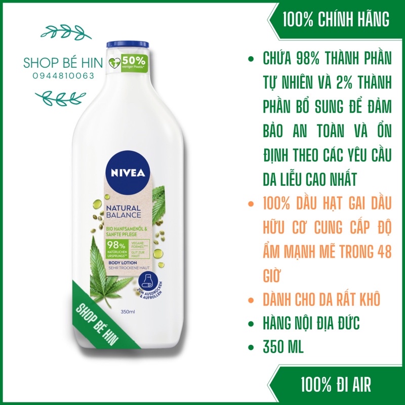 (Đủ bill) Dưỡng thể Nivea Đức Natural Balance chiết xuất thành phần thiên nhiên dưỡng ẩm da mềm mượt tới 48h