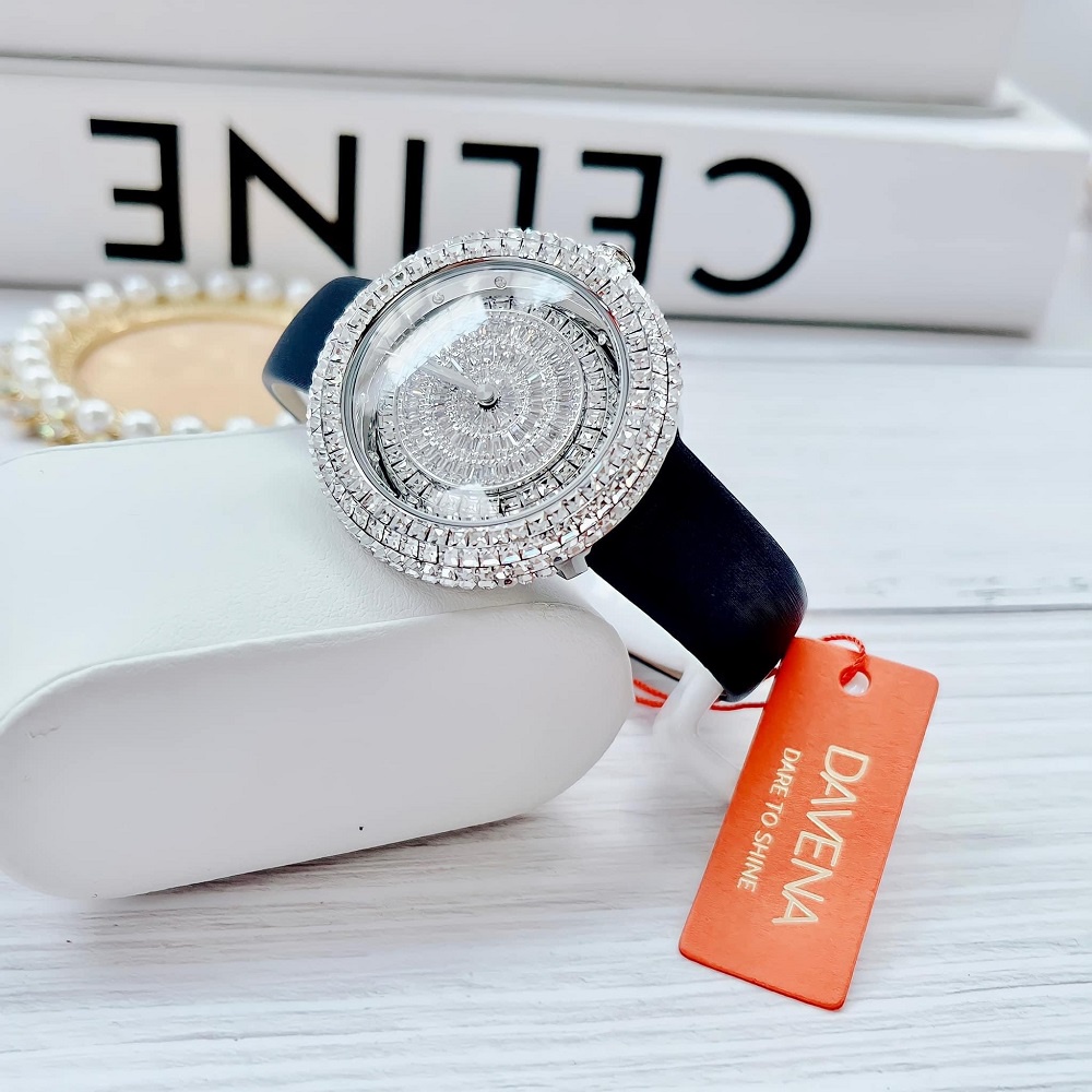 Đồng Hồ Nữ Davena 32091 Dây Da Xanh Đen Silver Chính Hãng 39mm