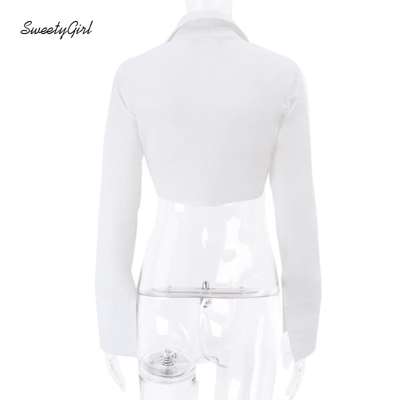 Áo Croptop Tay Dài Cổ Bẻ Màu Trắng Trơn Cài Nút Thời Trang 2022 Quyến Rũ Cho Nữ