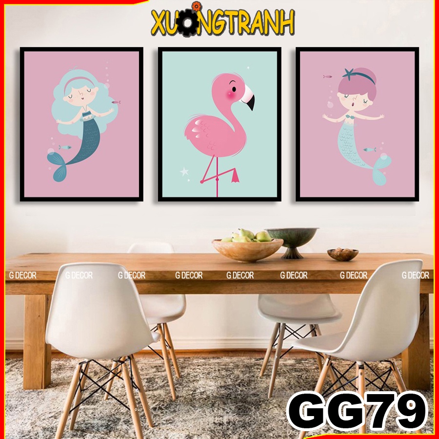 Tranh treo tường canvas 3 bức phong cách hiện đại Bắc Âu 79, tranh anime trang trí phòng ngủ cho bé, phòng khách, spa