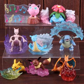 Set 8 Mô hình búp bê Pikachu Monsters Mewtwo Squirtle Venusaur Charizard chất liệu PVC kèm giá đỡ điện thoại