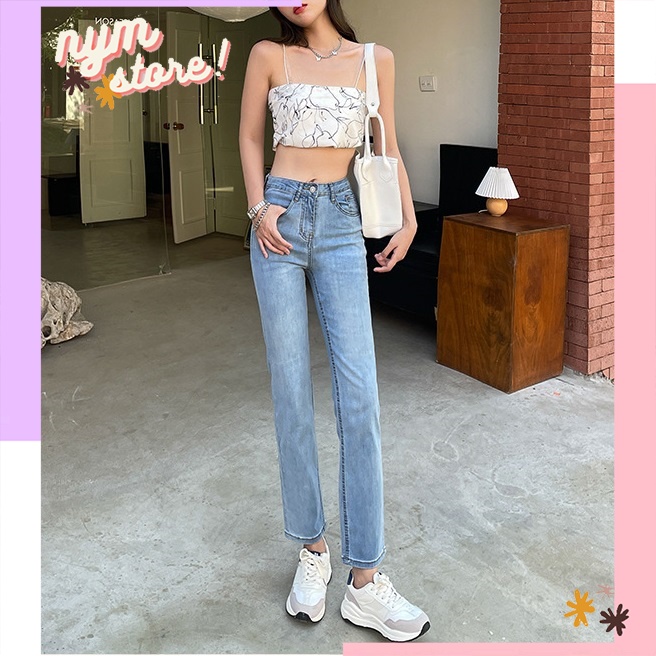 Quần jean nữ ống đứng dáng suông skinny co giãn cao cấp, dáng lửng có co giãn (J9202)