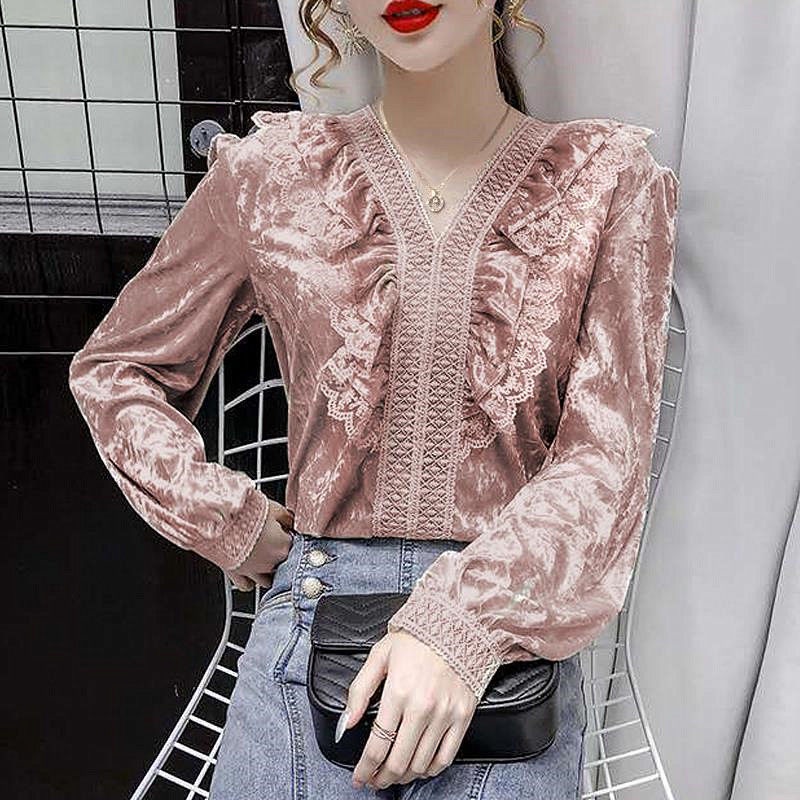 Áo nhung phối ren cổ chữ V phong cách retro Hàn Quốc thoải mái thời trang thu đông cho nữ 2021