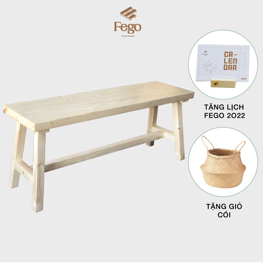 Ghế băng dài FEGO bằng gỗ tự nhiên cao 45cm để ban công, hành lang đi giày