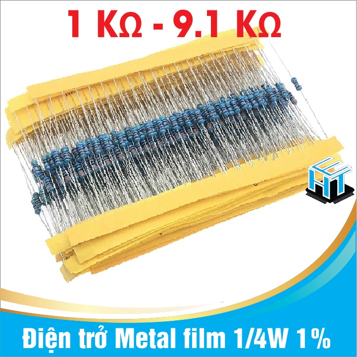Combo 50 con điện trở  Điện trở Metal film 1/4W 1% 5 vạch màu phân loại từ 1K đến 9.1K