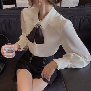 Áo sơ mi kiểu tiểu thư basic kèm tag mặc trong vest/áo dạ/ cực sang chảnh lụa cúc đá sáng công sở thư ký MC