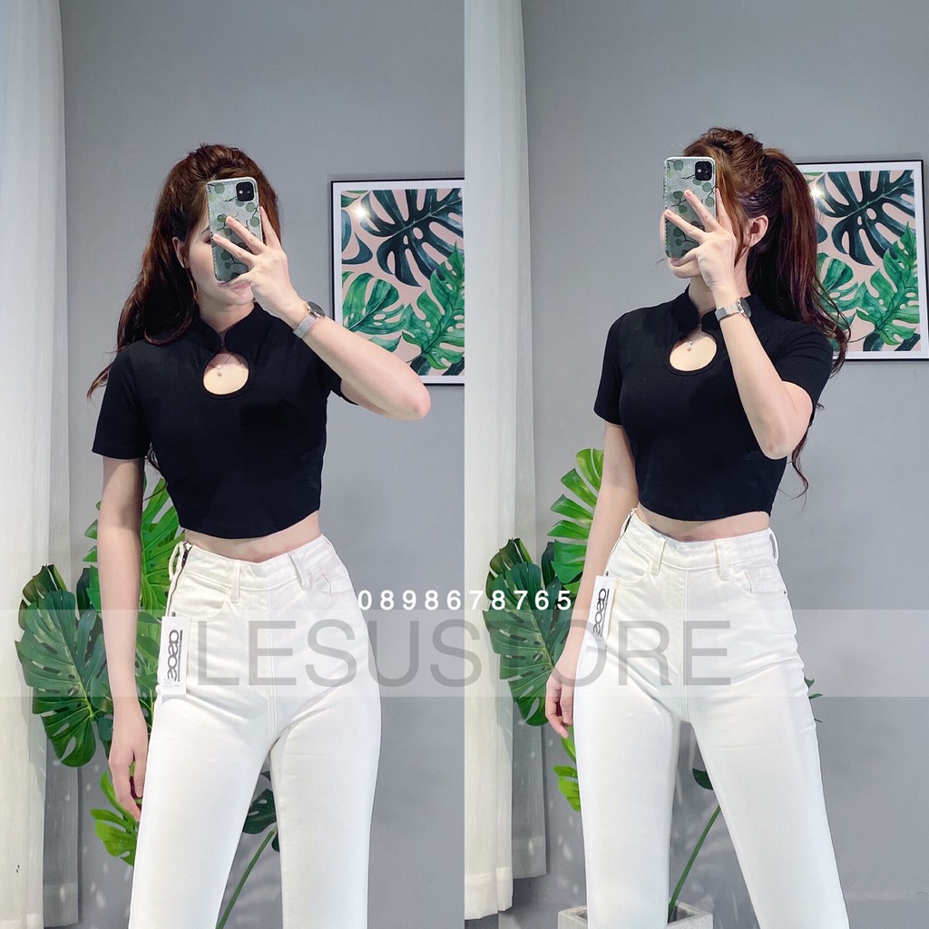 ẢNH TỰ CHỤP Croptop cổ trụ khoét tròn tay ngắn