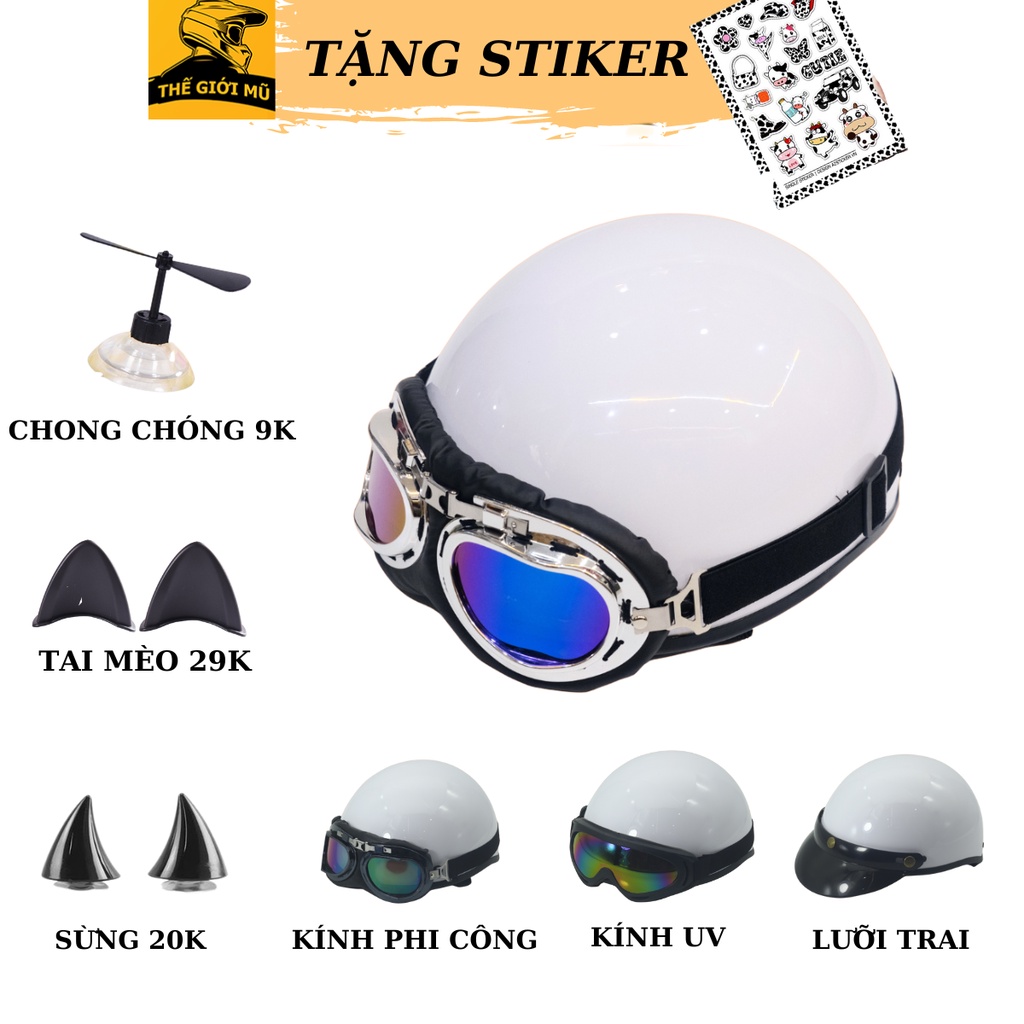Mũ bảo hiểm nửa đầu màu trắng trơn bóng kèm kính, free size, Thế Giới Mũ