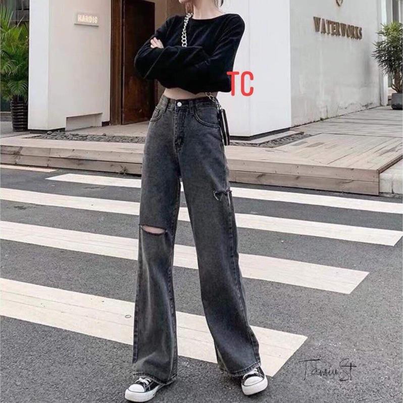 quần bò ống rộng rách 1 gối | BigBuy360 - bigbuy360.vn