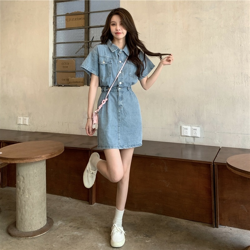 Đầm Denim Cổ POLO Nhấn Eo Dáng Chữ a Phong Cách Retro Hàn Quốc Thời Trang Mùa Hè Cho Nữ