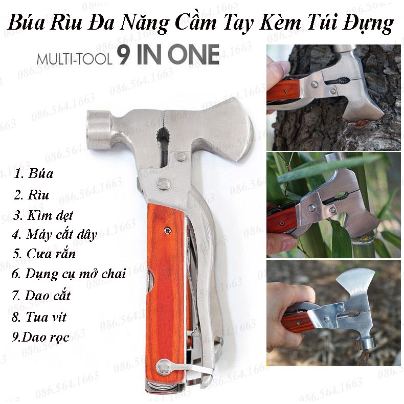Rìu Đa Năng 9 Trong 1 - Búa Thoát Hiểm Chất Liệu Hợp Kim Không Gỉ Kèm Túi Đựng