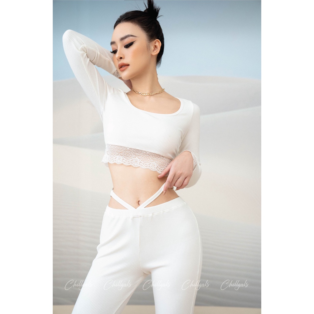 Set len tăm Chillgals áo tay dài phối ren Croptop và quần khoen dây 2 bên co dãn tôn dáng SAQ-003