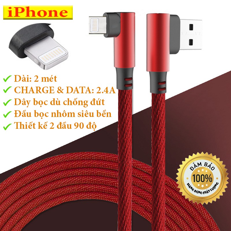 Cáp sạc nhanh 2.4A cho iPhone 5,6,7,8,X,ipad Dài 2 mét Dây Dù Đầu Bọc Nhôm Chống Gãy Đứt - V8 iPhone