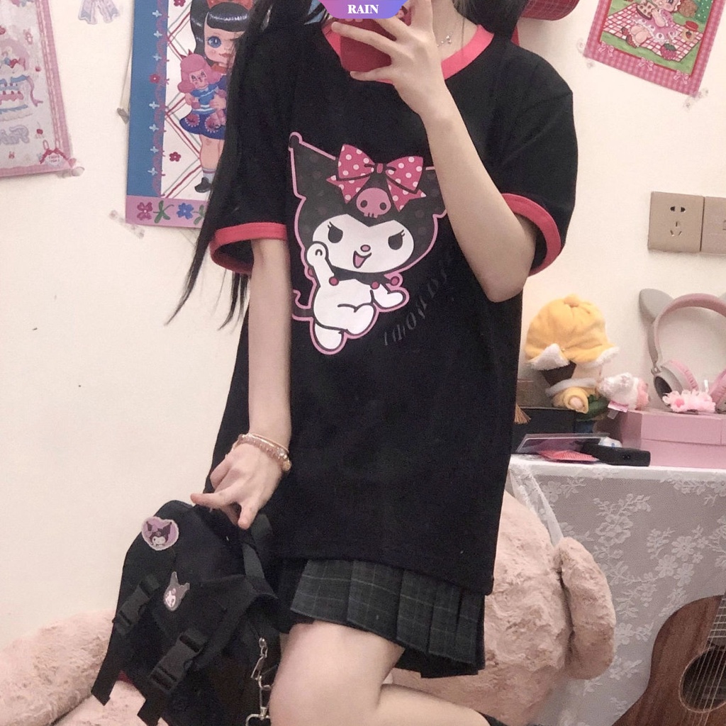 SANRIO Áo Thun Tay Ngắn Cổ Tròn In Hình Nhân Vật Hoạt Hình Kuromi Dễ Thương Cho Nữ