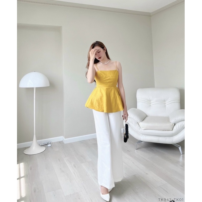 ÁO HAI DÂY MÀU VÀNG CÓ ÁNH NHŨ DÁNG PEPLUM SANG CHẢNH SUN FASHION