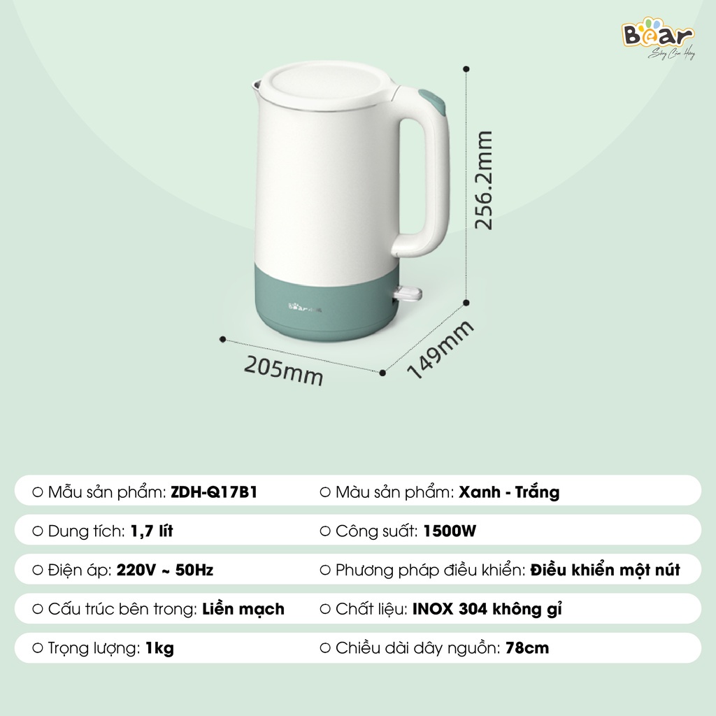 Ấm siêu tốc Bear ZDH-Q17B1 quốc tế, mua 1 lần dùng 10 năm, 3 lớp chống nóng, bh 18 tháng