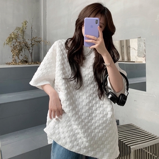 Áo thun nữ ngắn tay dáng rộng họa tiết caro thời trang trẻ trung năng động cho nữ