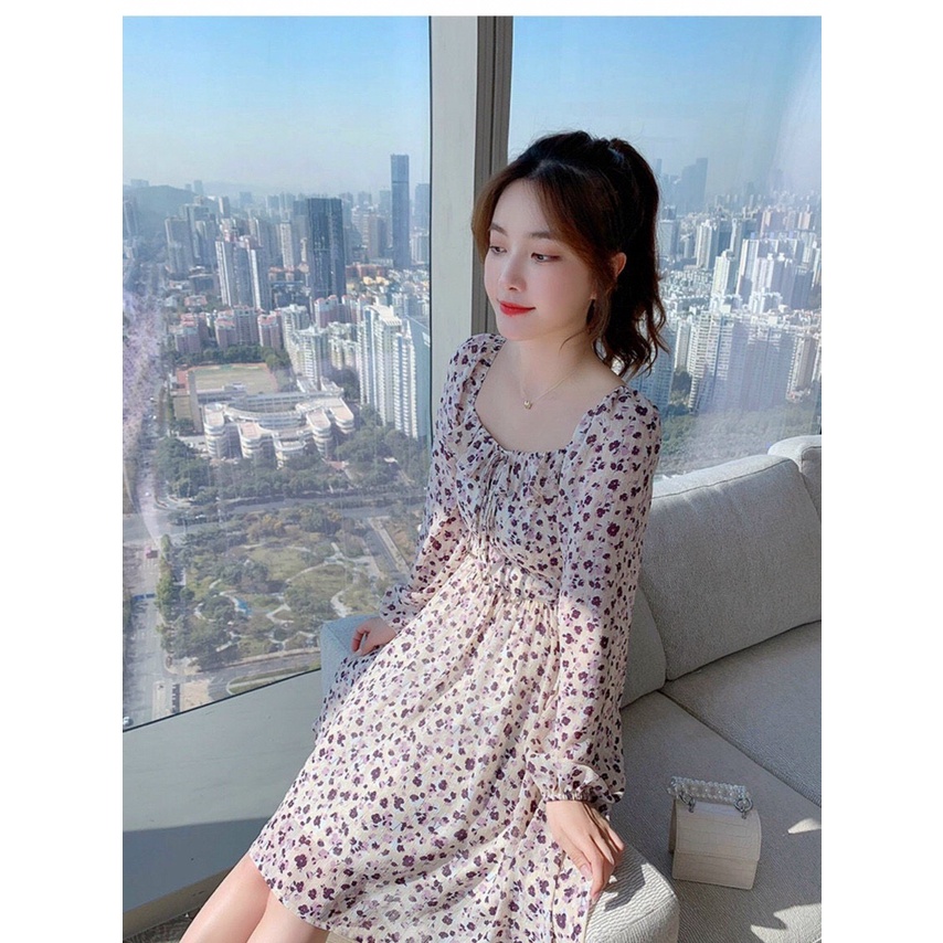 đầm bông lụa xòe nhẹ fom ngắn cổ vuông dài tay