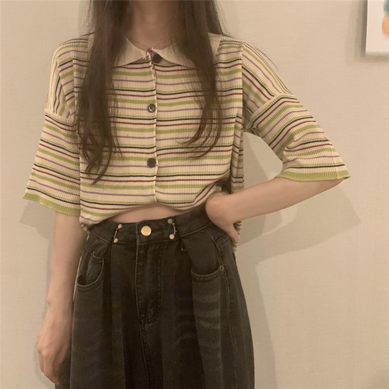 Áo Sweater Kẻ Sọc Dáng Rộng Thời Trang Mùa Hè Hàn Quốc 2022 Dành Cho Nữ