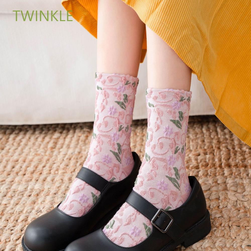 Tất Cotton Họa Tiết Hoa Retro Cho Nữ