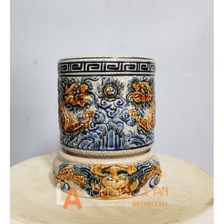 BÁT HƯƠNG (+CHÂN), lư hương Bát Tràng Rạn nổi đắp Lưỡng Long Hợp Thước Lỗ Ban cho Quý Tân Gia, Tân Niên Năm Mới