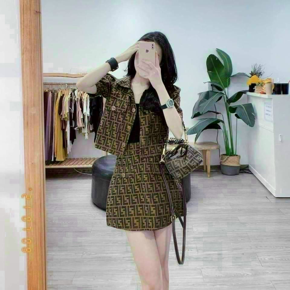Sét Bộ Nữ Thời Trang Mặc Đi Chơi, Sét Bộ Chất For Áo Tay Ngắn Nút Phối Túi Giả Mix Chân Váy Chữ A Xinh Xắn