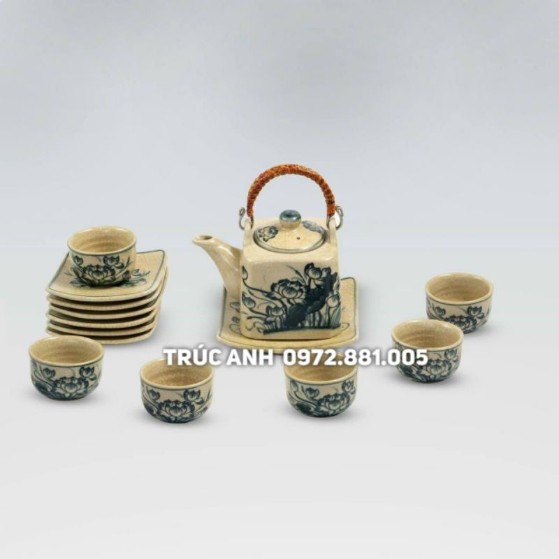 Bộ ấm chén men rạn cổ dáng Vuông , ấm pha Trà Bát Tràng