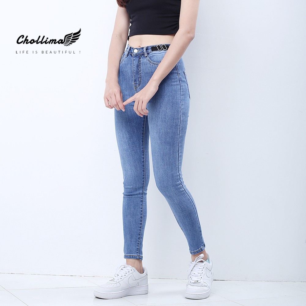 Quần jeans dài nữ co giãn Chollima cạp thường phối dây nịt đen màu xanh nhạt QD031