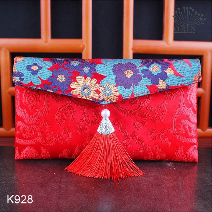 Bao lì xì vải gấm đỏ may mắn sang trọng Kiểu ngang Hoa Hướng Dương