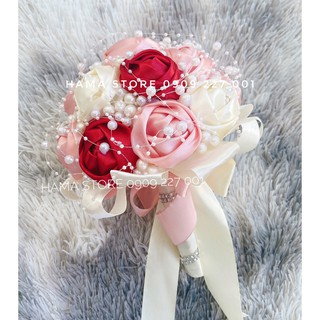 Bó hoa cưới cầm tay cô dâu hoa handmade lụa Satin điểm kết cườm hạt châu theo phong cách hiện đại Shop xu hướng